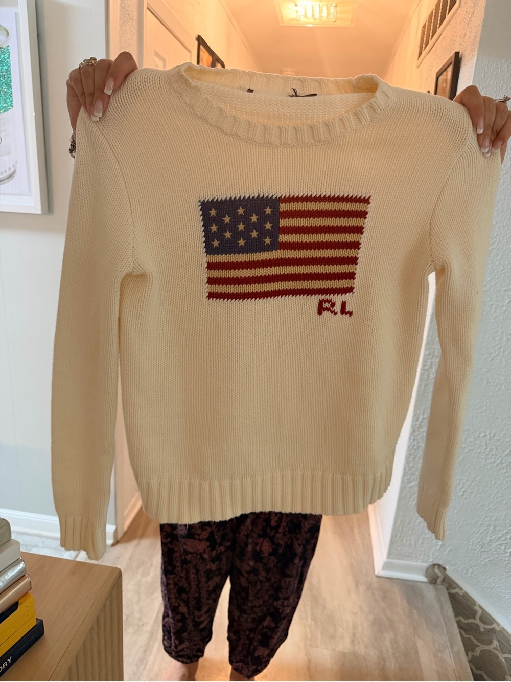 Ralph Lauren Cream Crewneck
Sweater with Flag Intarsia and Red
Accent